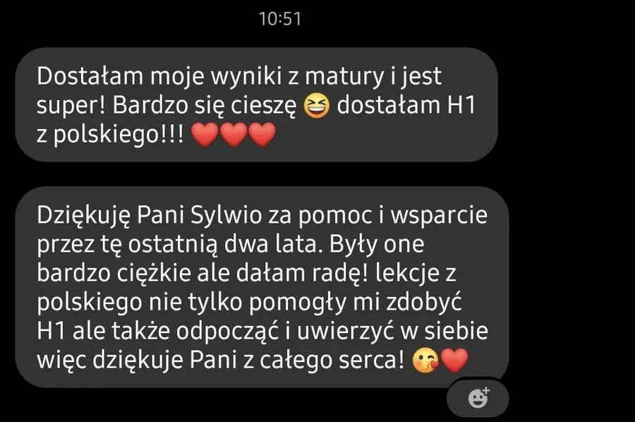 Screenshot of the original two-message text from a student on results morning.