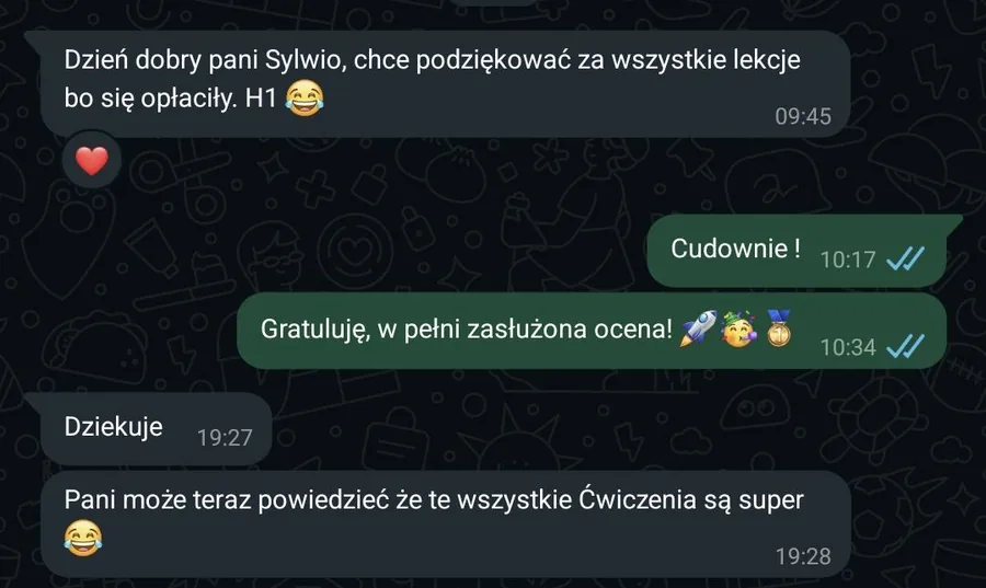 Screenshot of the original WhatsApp conversation, from the results message through to the follow-up later the same evening.